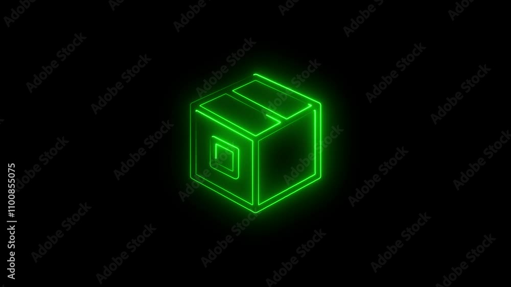 Poster abstract background, cube box with glowing neon lines on black background.square box.