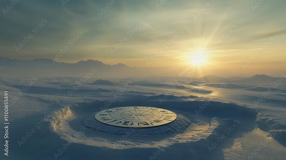 Poster a mysterious circular structure in a snowy landscape, illuminated by a rising sun.