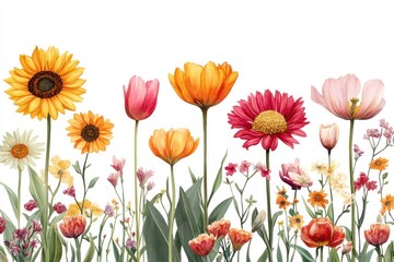Fototapeta premium A watercolor illustration of a vibrant flower arrangement featuring sunflowers, tulips, daisies, and other assorted blossoms against a white background.