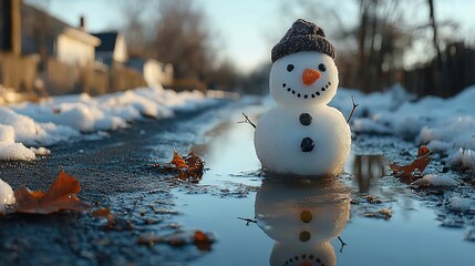 A melting snowman symbolizes the urgency of addressing global warming, reflecting the changing seasons.