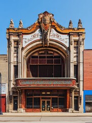Fototapeta premium Ornate building facade with arched entryway.