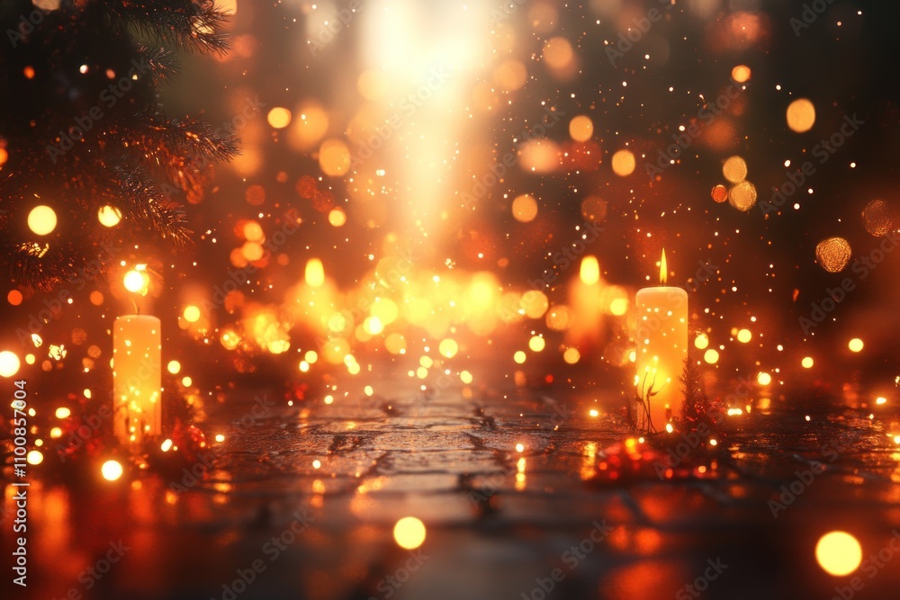 Poster a pathway lined with lit candles and bokeh lights in a dark forest.