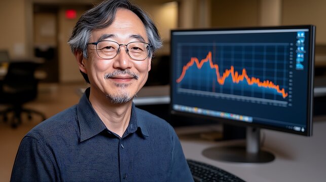 Data analysis expert reviewing trends in a professional and informal office setting