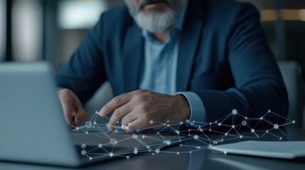 Fototapeta premium Businessman analyzing data with tech visualization on a laptop in a modern office setting