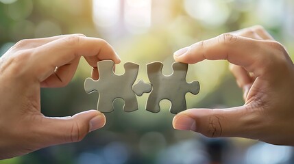 Two hands joining puzzle pieces, symbolizing teamwork and collaboration for success.