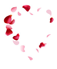 Decorative empty heart frame from falling red and pink rose petal isolated on white background. Valentine's day or wedding design template. Vector stock illustration.