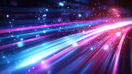 Fototapeta premium Vibrant neon streaks of pink, blue, and purple light cutting through the dark with sparkling particles.