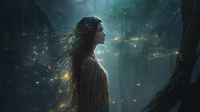 a magical scene with a female figure in the forest, her hair is decorated with luminous dots, creating an atmosphere of magic.