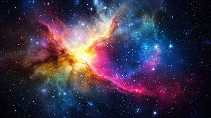 Fototapeta premium A vibrant nebula bursting with radiant colors of pink, blue, and gold, set against a star-filled cosmic backdrop.