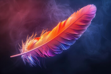 Obraz premium abstract image of a feather, brightly colored in blue, purple, pink and orange tones, with elements of luminous particles and highlights, on a dark background with red bokeh. 