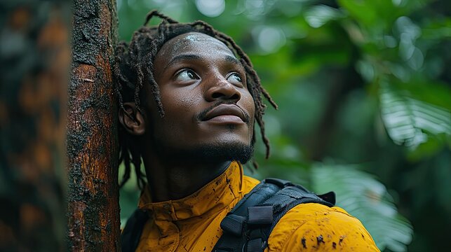 A nature lover embraces a tree, promoting awareness of the need to protect forests from destruction.