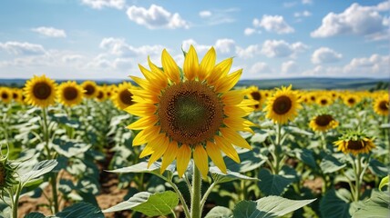 Fototapeta premium there is a large sunflower in a field of sunflowers