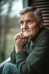 Fototapeta premium A detailed portrait of a pensive elderly man in a green sweater sits by the window, his hands gently clasped, reflecting deeply as warm light filters through the surrounding nature.