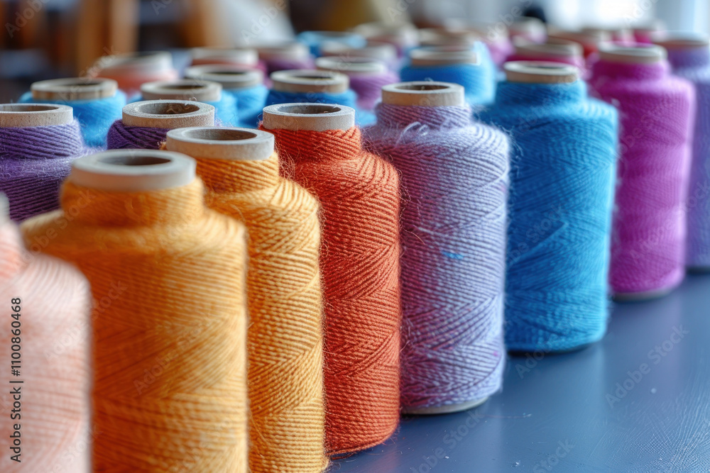 Poster colored spools of thread neatly arranged in a row on a shelf. threads represent a spectrum of shades
