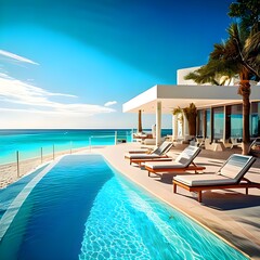 Fototapeta premium Sea view.Luxury modern white beach hotel with swimming pool. Sunbed on sundeck for vacation home or hotel. Generative ai Edited