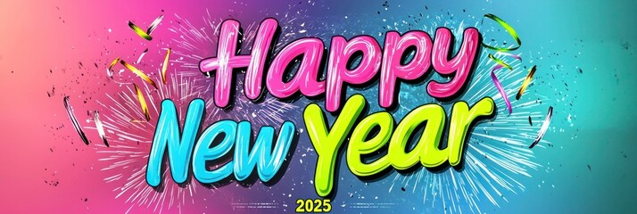 Multicolor "Happy New Year" and "2025" banner with neon pink , electric blue , and lime green . Perfect for a festive, wide-format party backdrop.