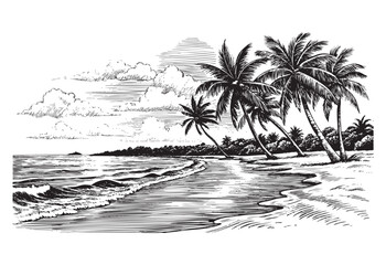 beach scene sketch engraving drawing hand drawn vector illustration