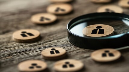 Wooden tokens with audience icons under a magnifying glass on a rustic wooden surface, symbolizing focus on customer engagement and market analysis.