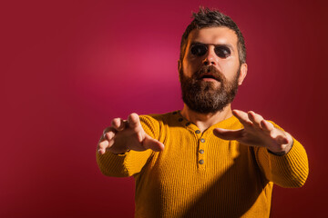Blind man. Visually impaired. Despite disability. Bearded blind man wearing glasses, studio...