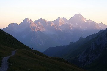 Obraz premium Serene Sunrise Over Mont Blanc Mountains in French Alps with Man Silhouette by Lake of Peyre