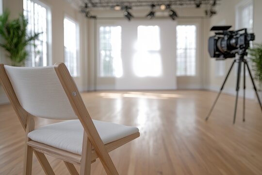 Film staging - cinematic interior showcasing a director chair, lights and cameras, capturing the essence of creativity, production ambiance, art of storytelling in a dramatic setting.