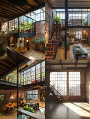 Fototapeta premium Spacious, modern loft with exposed brick walls and large windows.