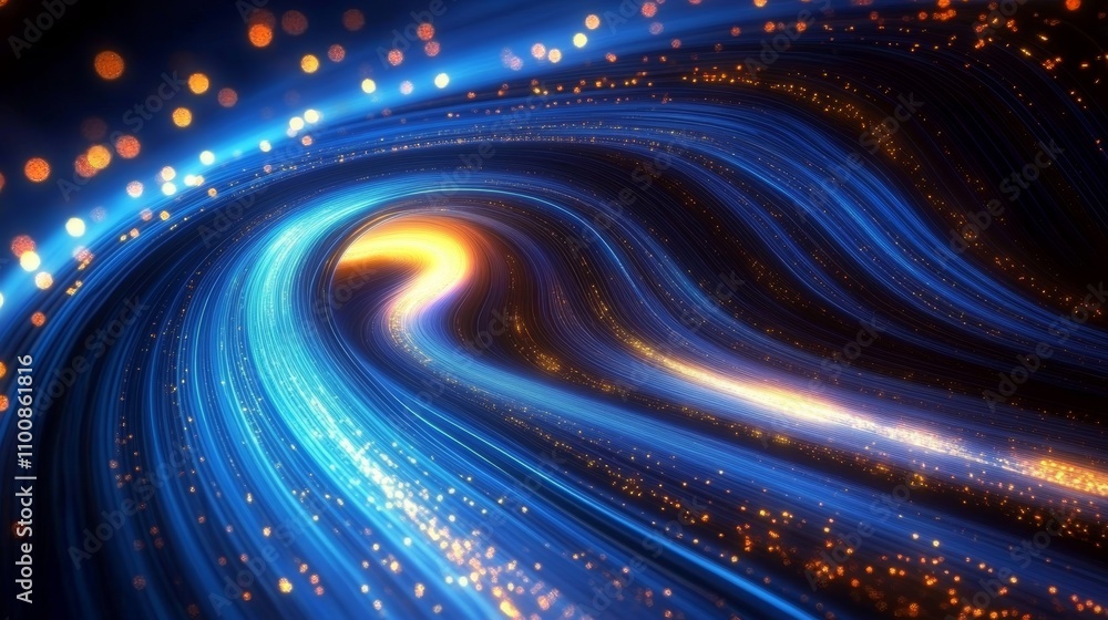 Poster abstract technology concept fast moving digital lines blue yellow data flow tunnel vortex