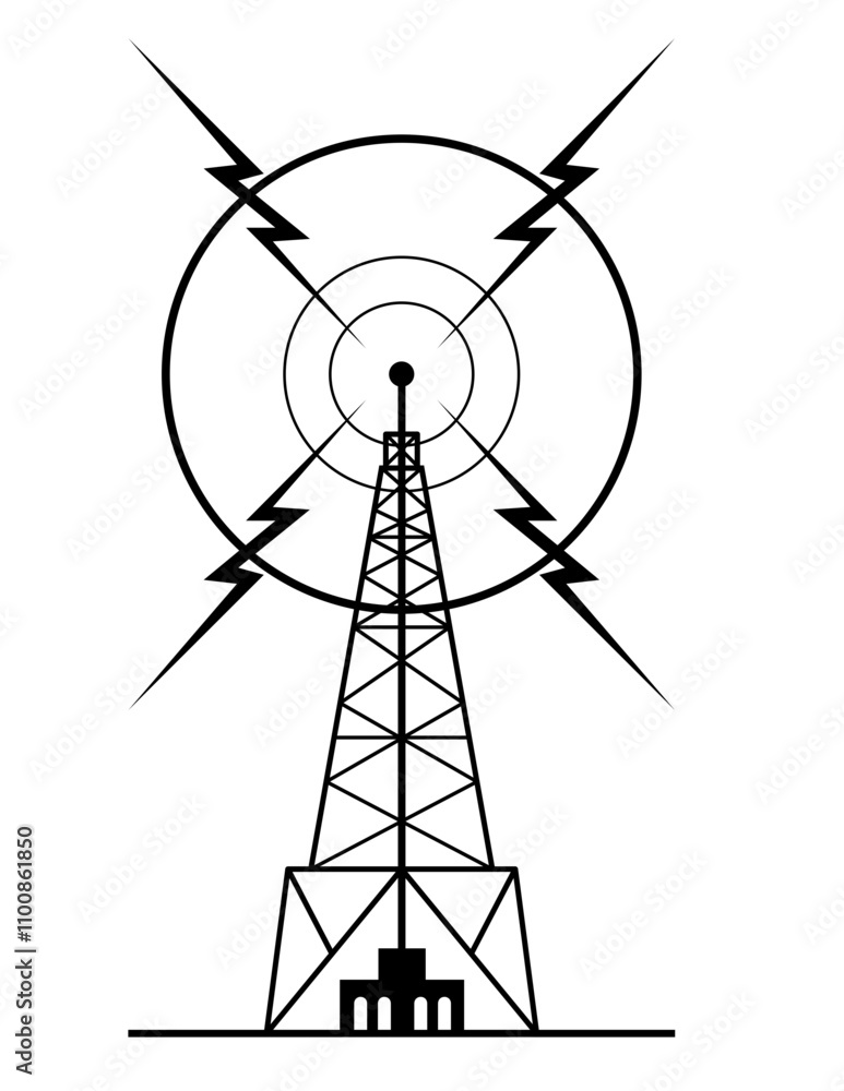 Poster retro style illustration of a radio mast and tower with antenna for telecommunications and broadcast