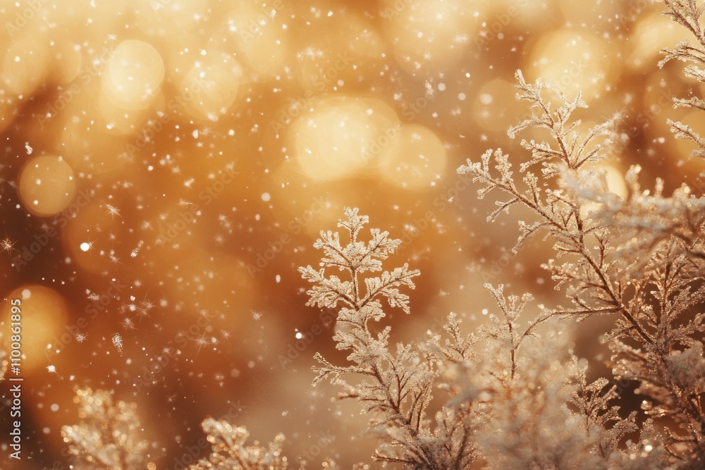 Poster closeup of frost-covered branches with a blurred background of golden bokeh.