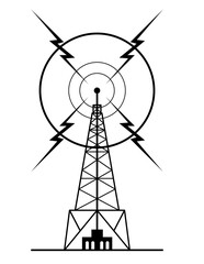 Retro style illustration of a radio mast and tower with antenna for telecommunications and broadcasting transmitting sending radio signal on isolated background done in black and white.
