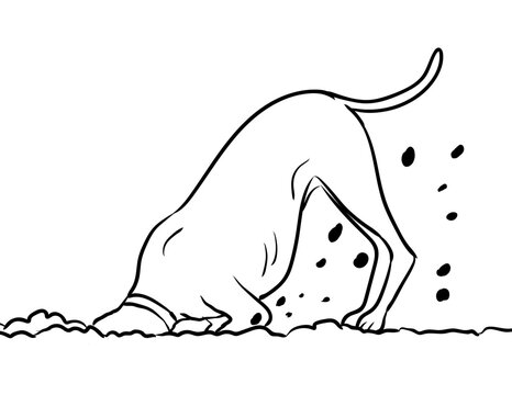 Drawing sketch style illustration of a dog frantically digging a hole in dirt on isolated background done in cartoon black and white line art.