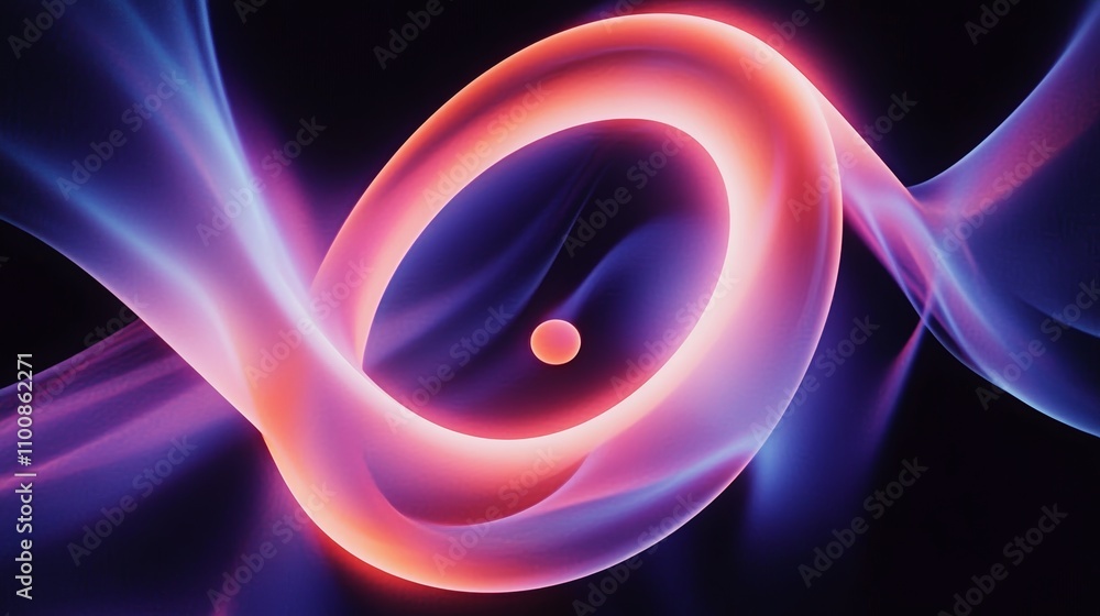 Poster abstract neon swirls with glowing orb and intersecting tubes on black background