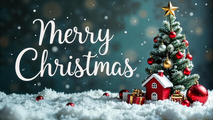 Christmas holiday background photography with white Handwriting thin Letters Merry Christmas over Christmas background with small snow Christmas tree, small houses, santa claus gifts and ball