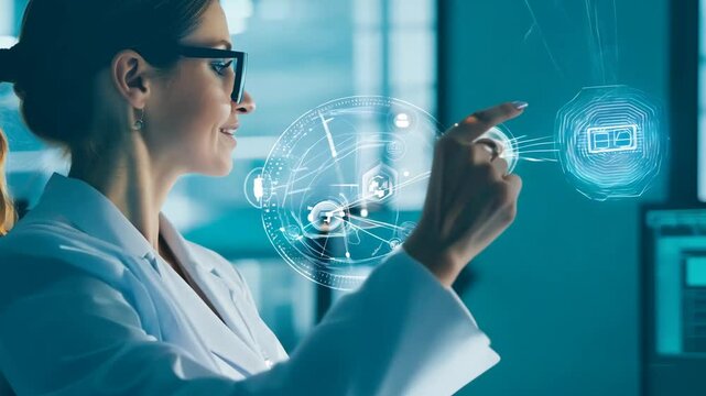 Young girl manager businesswoman interacts with AI AR holographic interface UI science research female scientist modern technology lab VR virtual reality artificial intelligence network IT specialist