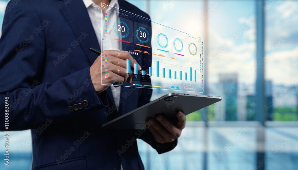 Aufkleber business professional analyzing data with tablet in modern office environment featuring digital grap