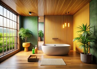Fototapeta premium Minimalist Bathroom, Wooden Tub, Tatami Flooring, Serene, Tranquil