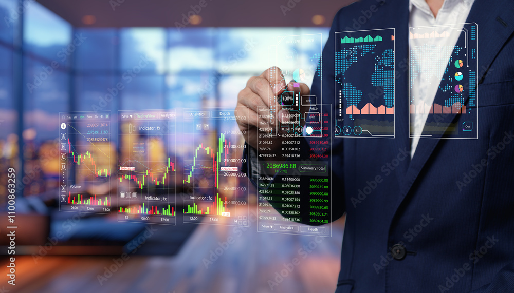 Poster business professional utilizing futuristic interactive technology to analyze data and financial char