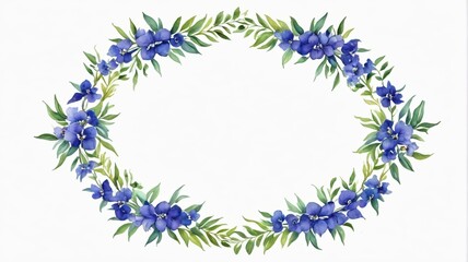 a close up of a wreath of blue flowers and leaves
