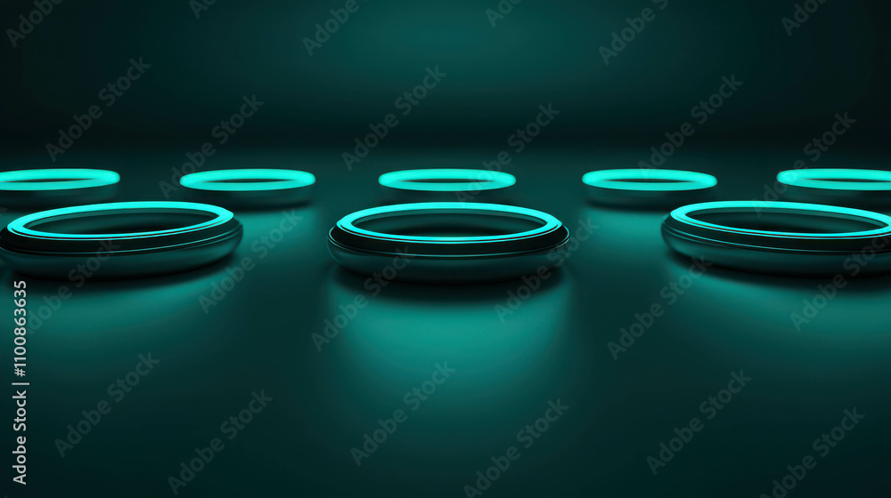 Poster abstract digital composition of glowing circular shapes in a dark environment