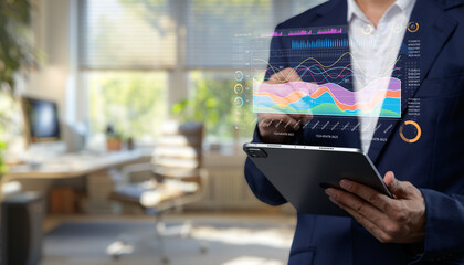 Professional Businessman Analyzing Digital Charts on Tablet in Modern Office Setting, Showcasing...