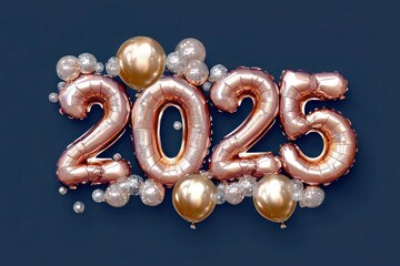 Rose gold balloons spelling "2025" in elegant script style on a navy blue background, with subtle champagne and silver highlights for balance and depth.