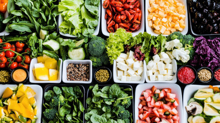 A colorful assortment of fruits and vegetables are displayed in bowls