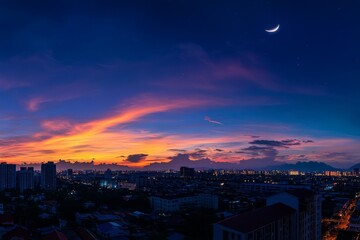 Naklejka premium Breathtaking Cityscape Sunset with Crescent Moon in the Night Sky Background