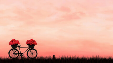 Obraz premium Vintage Bicycle with Flower Baskets Against a Soft Pink Sunset Sky