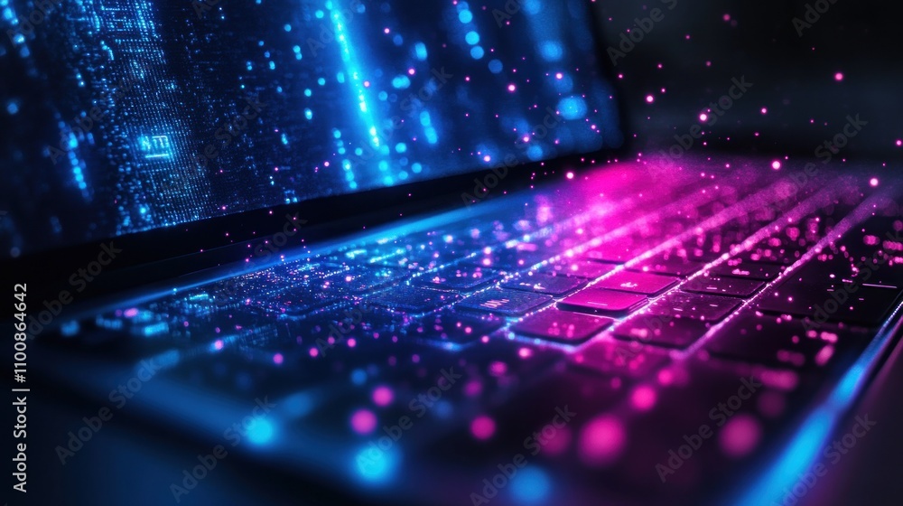 Poster a close-up shot of a laptop keyboard with glowing lights and abstract shapes.