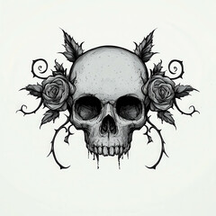 Obraz premium Artistic Skull Illustration Surrounded by Roses and Decorative Elements for Design Use