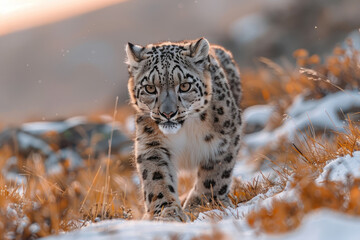 Fototapeta premium snow leopard (irbis) walking through a snowy landscape in the mountains. 