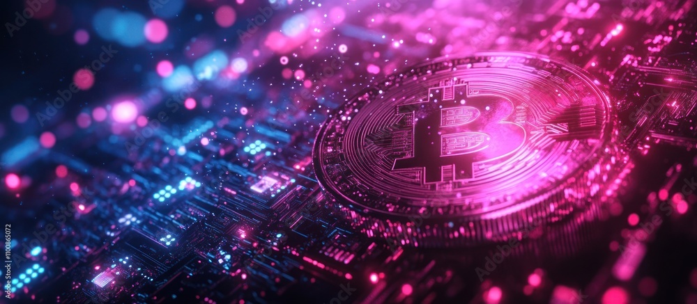 Poster a close-up of a bitcoin coin on a circuit board with a pink and blue glow.
