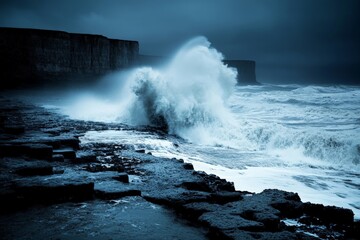 Crashing Waves Against Rugged Coastal Cliffs in Stormy Weather Background