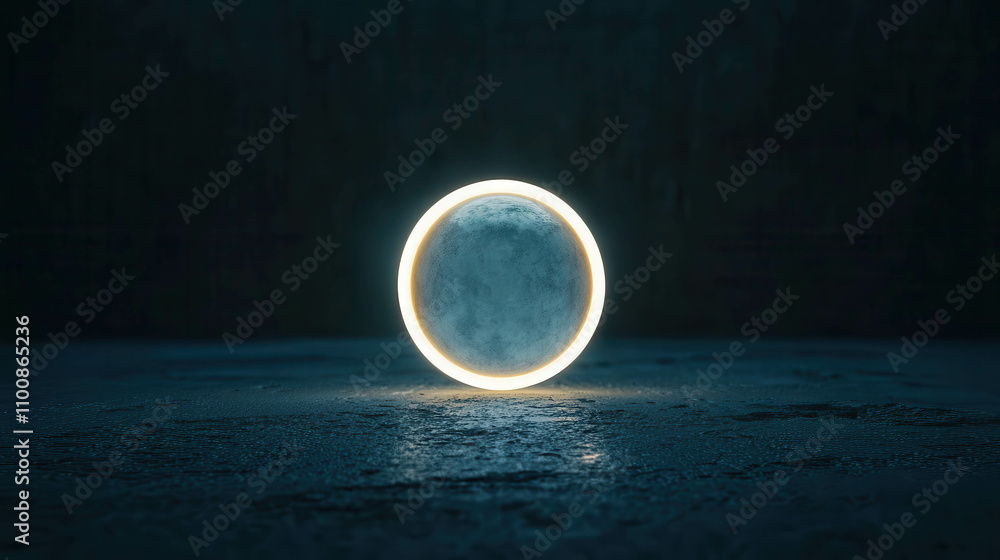 Poster Illuminated Abstract Circle in Dark Environment with Soft Glow Reflection